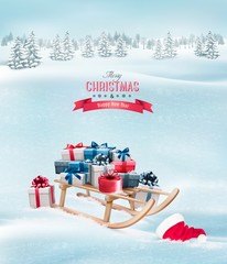 Poster - Winter background with Christmas presents on a sleigh and a sant