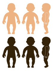 Sticker - Full length front, side, back view standing, lying baby silhouet