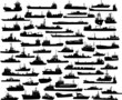 Vector set of 61 silhouettes of sea towboat and the ships