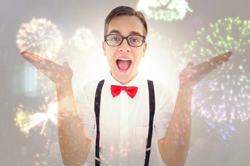 Aufkleber - Composite image of geeky young hipster smiling at camera