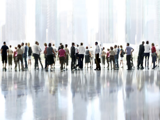 group of people in the lobby business center