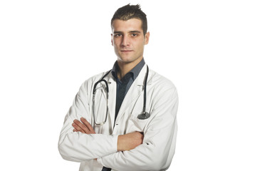 Portrait of smiling male doctor on the white