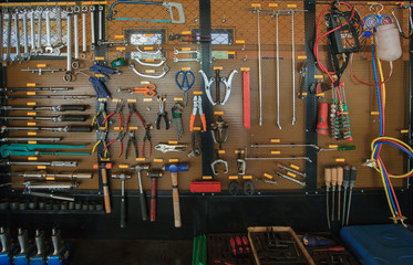 hand tool kit object arrangement on car auto service