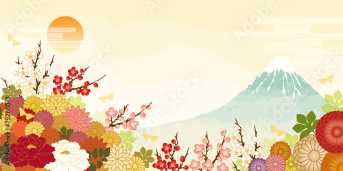 Dekoracja na wymiar  gora-fuji-wschod-slonca-i-kwiaty-w-pelnym-rozkwicie