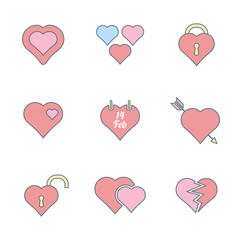 Wall Mural - vector various colored outline valentines day heart icons set