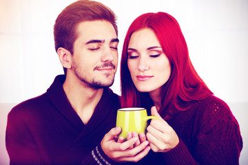 Poster - Loving couple with hot drink