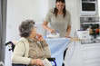 © goodluz - Elderly woman reading book while home helper irons laundry