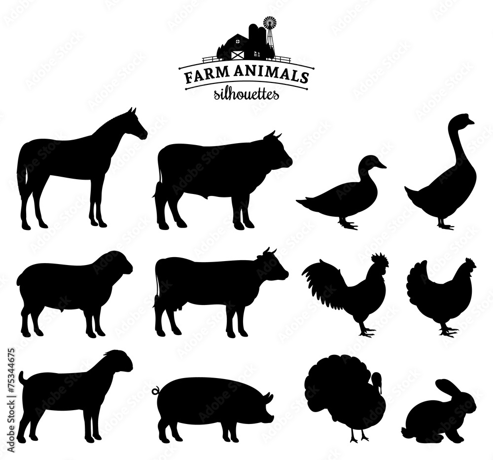 Vector Farm Animals Silhouettes Isolated on White - obrazy, fototapety, plakaty 