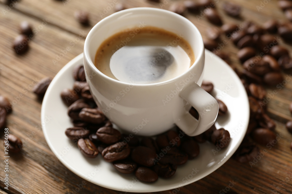 Cup of coffee on wooden table