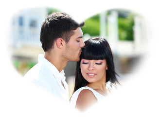 Poster - Beautiful young romantic couple and heart-shaped frame