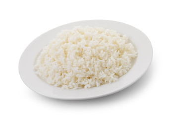 Cooked rice in a white plate on white background