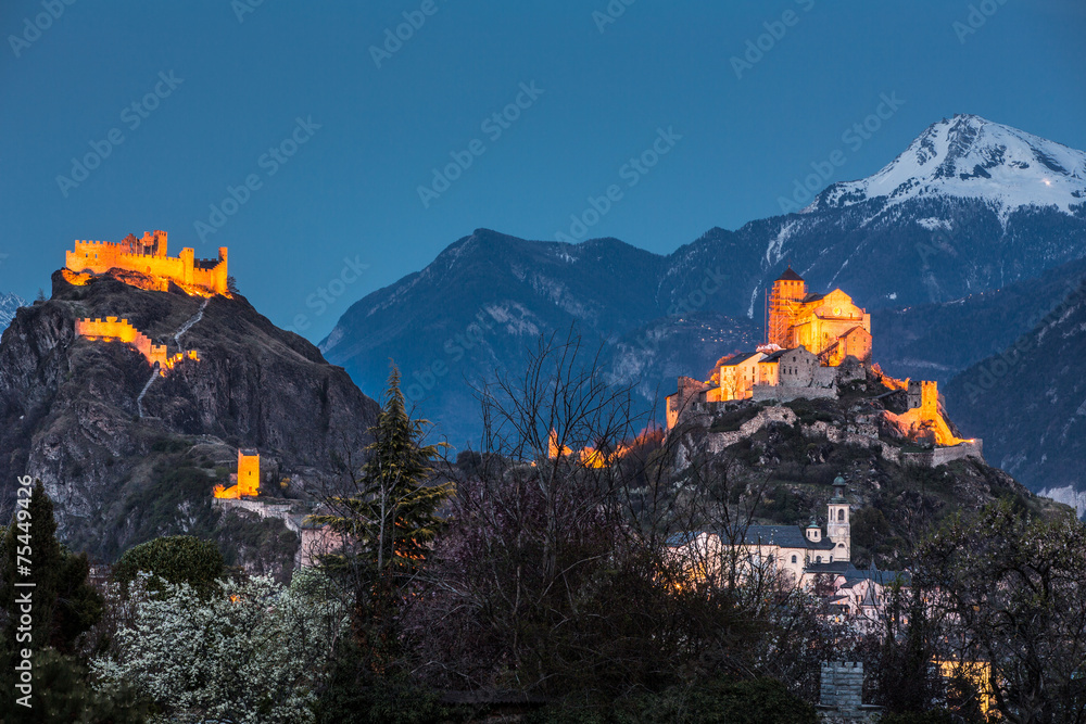 Switzerland, Valais, Sion, Night Shot of the  two Castles - obrazy, fototapety, plakaty 