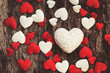 Valentine day wood background with white and red hearts