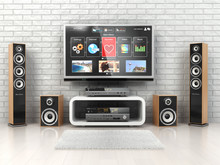 Home cinemar system. TV,  oudspeakers, player and receiver  in t