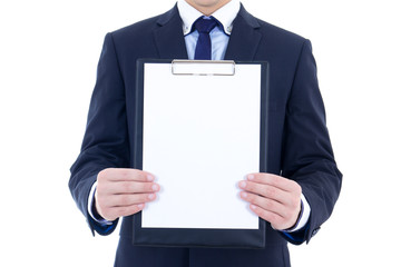 Wall Mural - blank clipboard in young businessman's hands isolated on white