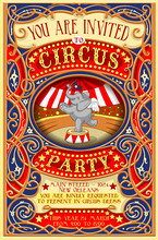 Circus Show Retro Template Invite Cartoon Poster Invitation Kid Birthday Party. Carnival Festival Theme Background Acrobatics Cabaret Vintage Vector Acrobat Clown Elephant Strip Card Game Illustration