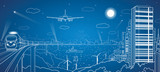 City transport panorama, landscape, airplane, train, bridge