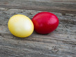 Colorful eggs on wood background