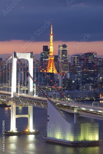 Obraz w ramie View of Tokyo Bay , Rainbow bridge and Tokyo Tower landmark