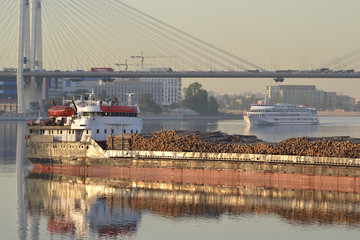 Canvas Print - Cargo ship and cable-braced bridge