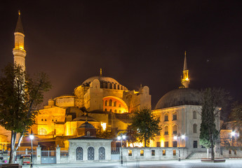 Illuminated Hagia Sophia in Istanbul at night