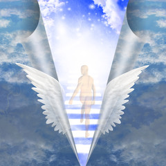 Wall Mural - Man travels up stairway into heavens