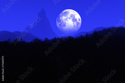 Fotografering Prehistoric Jurassic Jungle at Night under Fullmoon 3D artwork