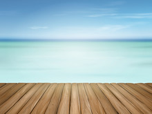 Wooden Floor With Beautiful Ocean And Blue Sky