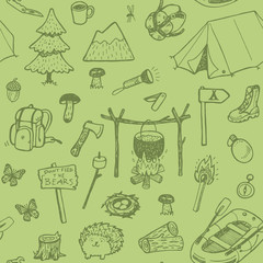 Wall Mural - hand drawn pattern, picnic, travel and camping theme.