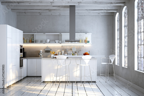 loft interieur mit schlichtem design bilder, schlichte weiße küche in altbau loft apartment - buy this stock, Design ideen