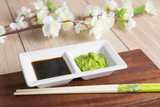 Fototapeta  - soy sauce, wasabi and chopsticks