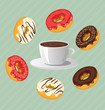 Donuts with cup of coffee on blue background