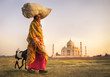 Indian Woman Carrying Head Goats Taj Mahal Concept
