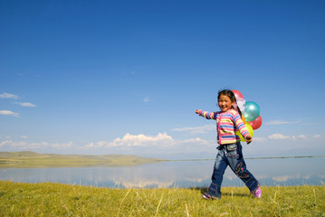 Asian Girls Playing Lake Happiness Sunny Concept