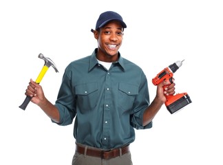 Sticker - Handyman with drill and hammer.