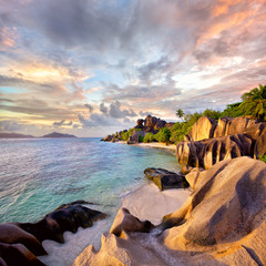 Wall Mural - Anse Source d'Argent beach at sunset, La Digue, Seyshelles