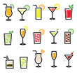 Cocktails, drinks glasses vector icons set