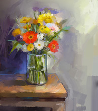 Glass Vase With Bouquet Gerbera Flowers.Oil Painting