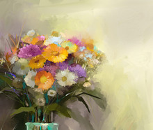 Vase With Still Life A Bouquet Of Flowers. Oil Painting