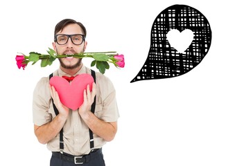 Leinwandbilder - Composite image of geeky hipster offering valentines gifts
