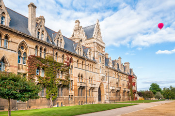 Christ Church Oxford University with red air balloon in the sky