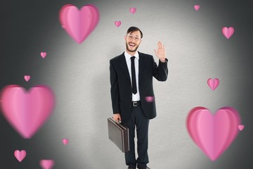 Poster - Composite image of geeky businessman waving at camera