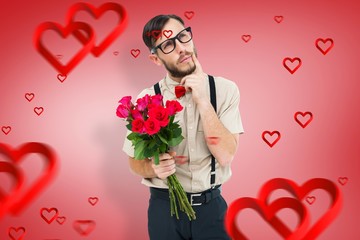 Poster - Composite image of geeky hipster offering bunch of roses