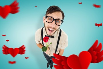 Poster - Composite image of geeky lovesick hipster holding rose