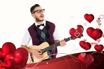 Poster - Composite image of geeky hipster playing guitar and singing