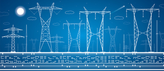 Wall Mural - Energy panorama, power lines, industrial vector design