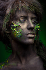 Wall Mural - close-up portrait of woman in black paint and green leaf on face