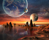 Fototapeta  - Alien Planet With Earth Moon And Mountains