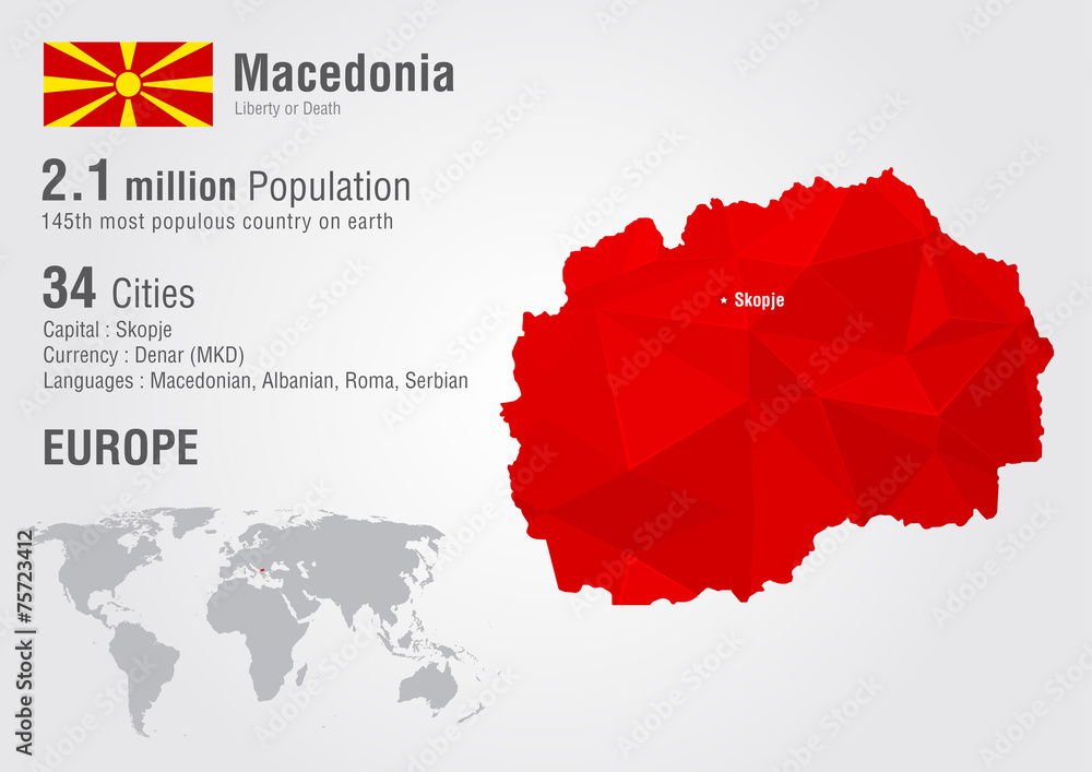 Macedonia world map with a pixel diamond texture. - obrazy, fototapety, plakaty 