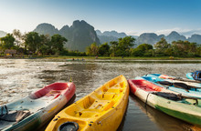 Kayak Boats In Nam Song River At Vang Vieng, Laos